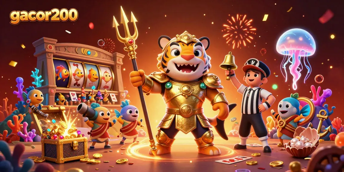 Engage with gacor200's thrilling underwater casino adventure featuring spinning slots and gold treasure.