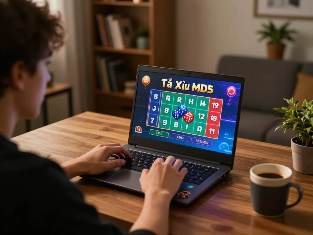 Tài Xỉu MD5 gameplay on laptop, showcasing online gaming excitement in a cozy home environment