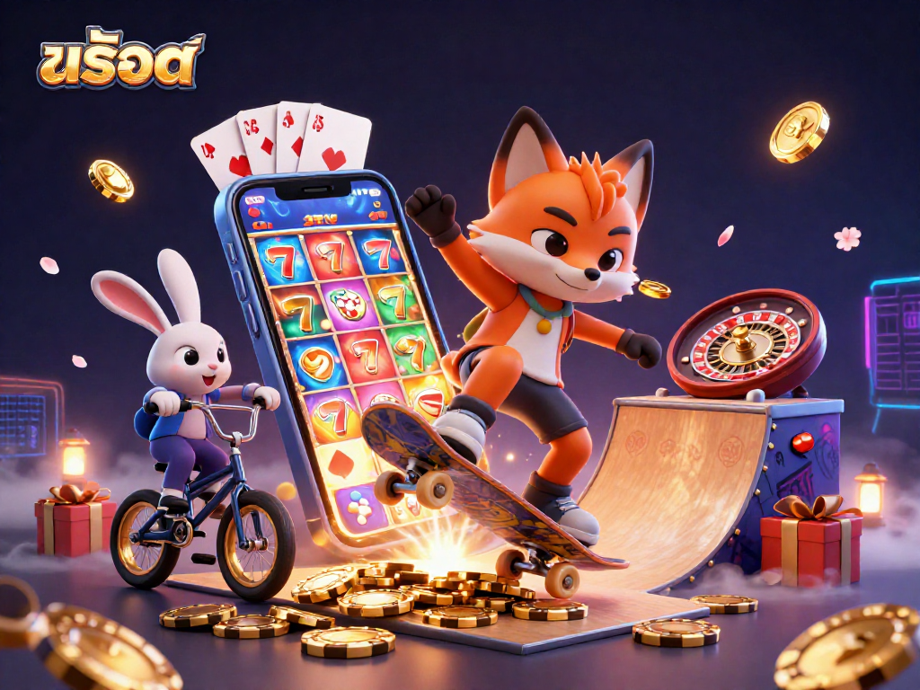 Experience the thrill of สล็อต gaming with a dynamic fox and rabbit in a vibrant casino setting.