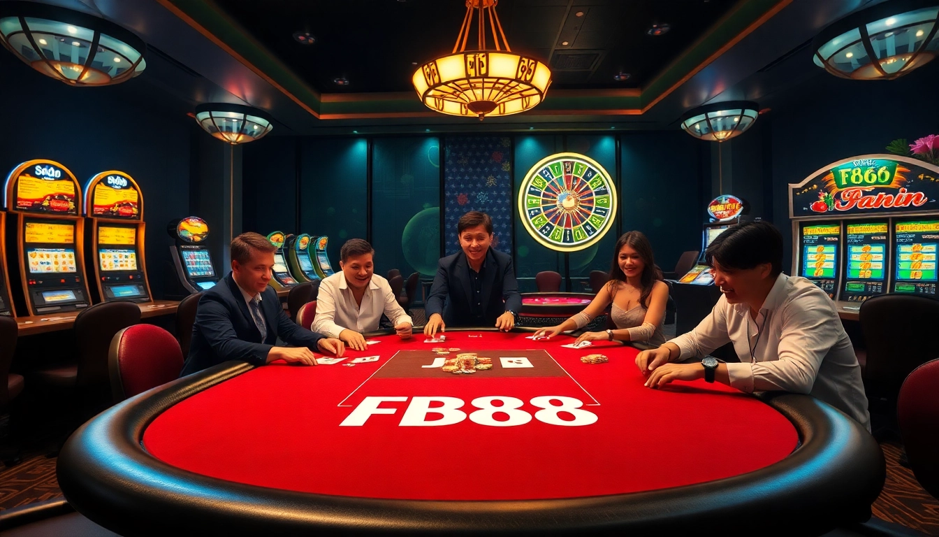 Engaged players at an FB88 poker table celebrate their wins in a vibrant casino setting.
