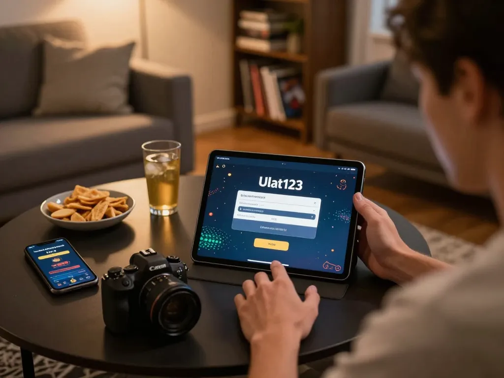 Pemain yang terlibat fokus pada login Ulat123 untuk perjudian online, tablet menampilkan opsi taruhan, suasana rumah yang nyaman.