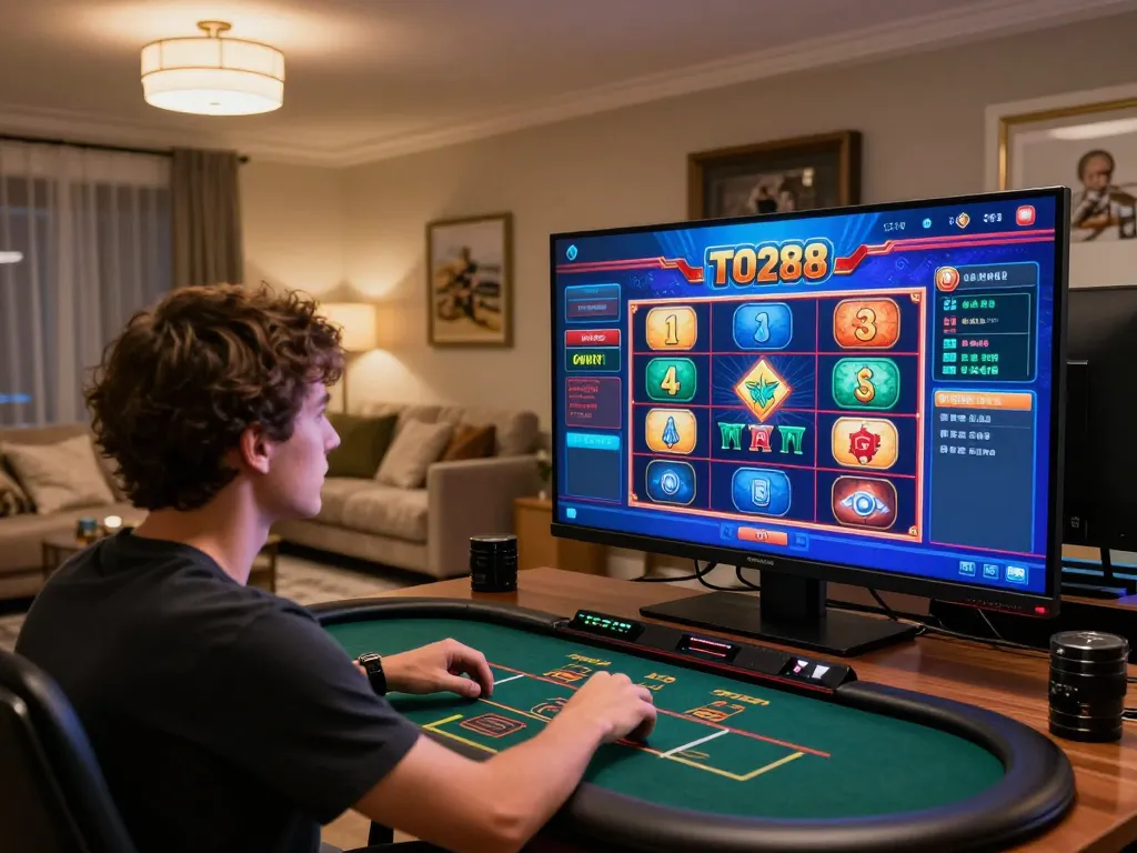 Engaging online gaming scene showcasing TO288 interface, person intensely playing from home.