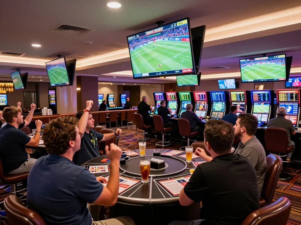 Engaged sports bettors placing wagers at OKFUN's vibrant lounge with live odds
