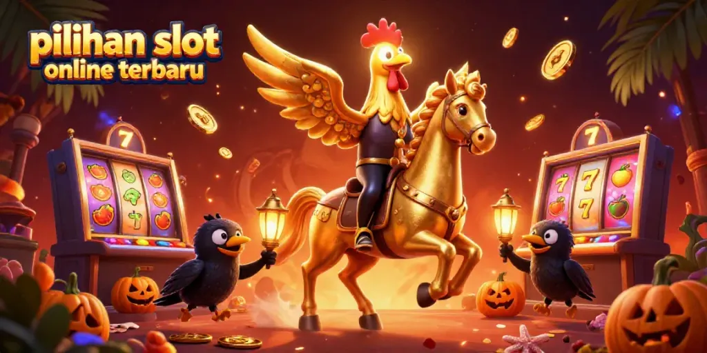 Gambaran pilihan slot online terbaru dengan ayam jantan emas di kasino malam hari, dikelilingi simbol keberuntungan.