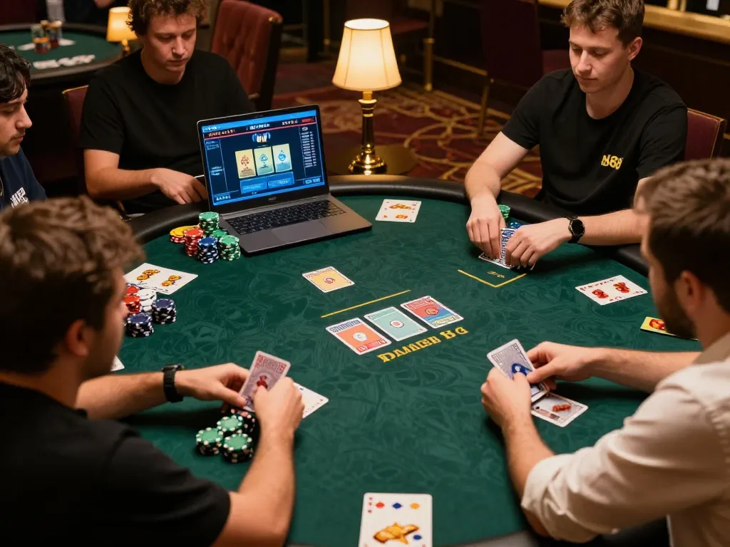 Engaged players strategizing at an NK88 online poker game, showcasing intense gameplay.
