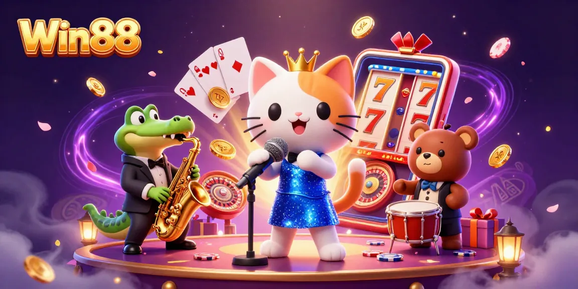Experience the thrill of Win88 with a vibrant 3D illustration featuring charming casino characters and exciting slot game elements.