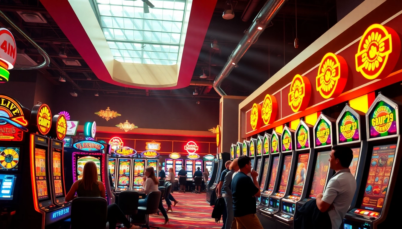 Erlebe aufregende casino-spiele de mit lächelnden Spielern und leuchtenden Spielautomaten.