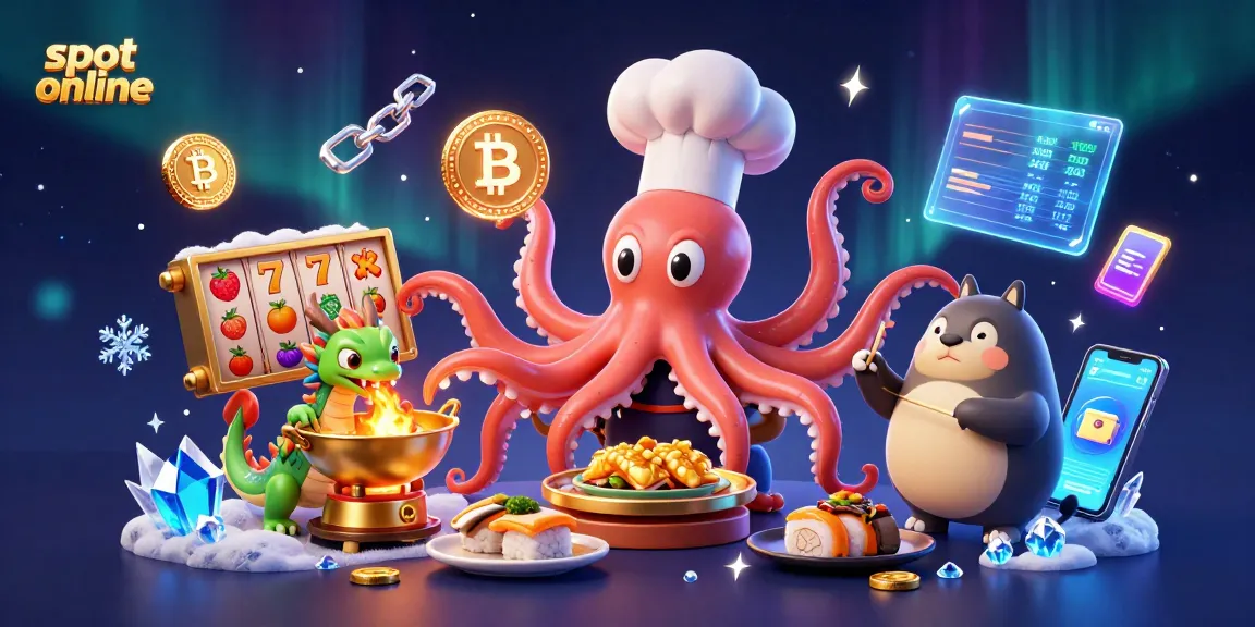 Slot online: Memainkan mesin slot sambil dikelilingi oleh hidangan emas yang dipersiapkan oleh karakter lucu di latar belakang indah.