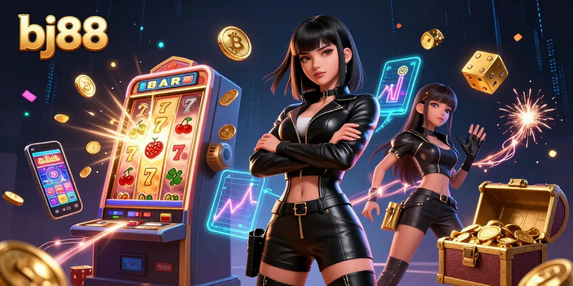 Experience thrilling wins with BJ88's vibrant casino scene featuring slot machines, neon elements, and immersive gameplay.