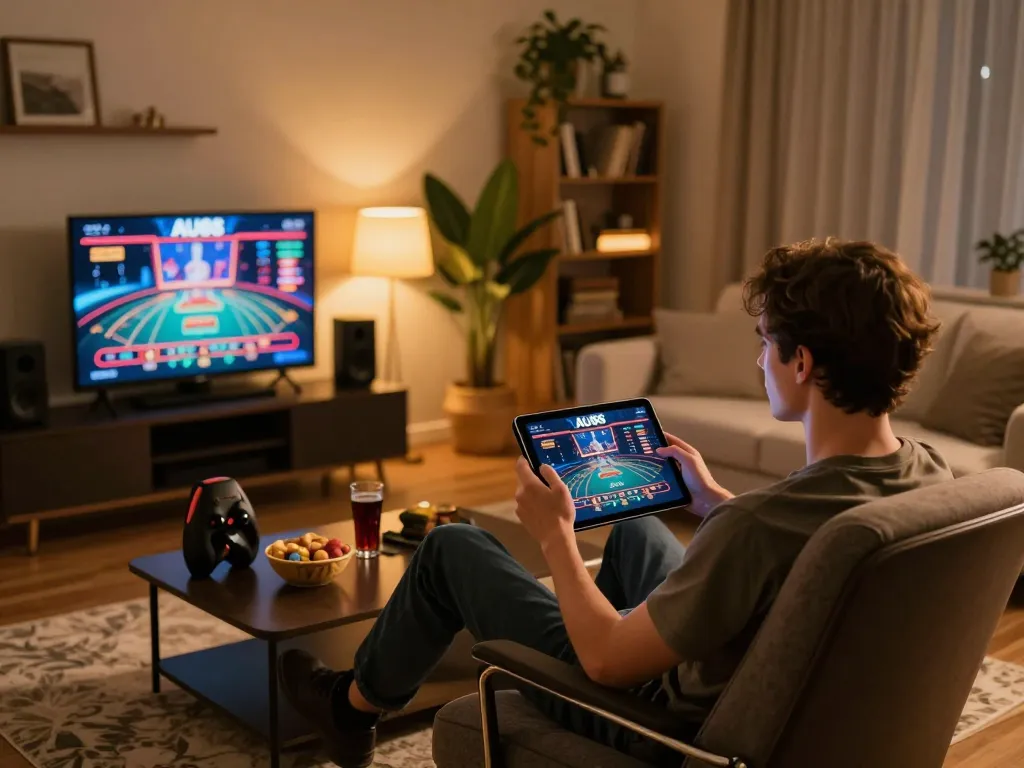 Players enjoying AU88 casino games in a cozy home setting with ambient lighting.