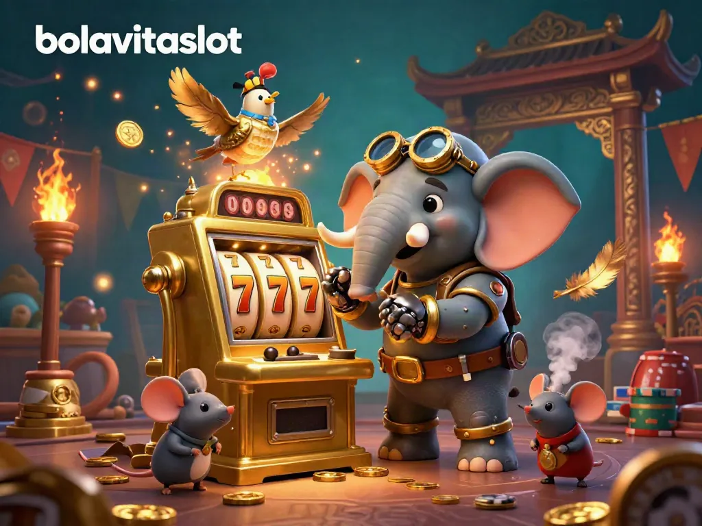 Experience jackpot excitement at bolavitaslot with a steampunk elephant operating a golden slot machine surrounded by vibrant casino elements.