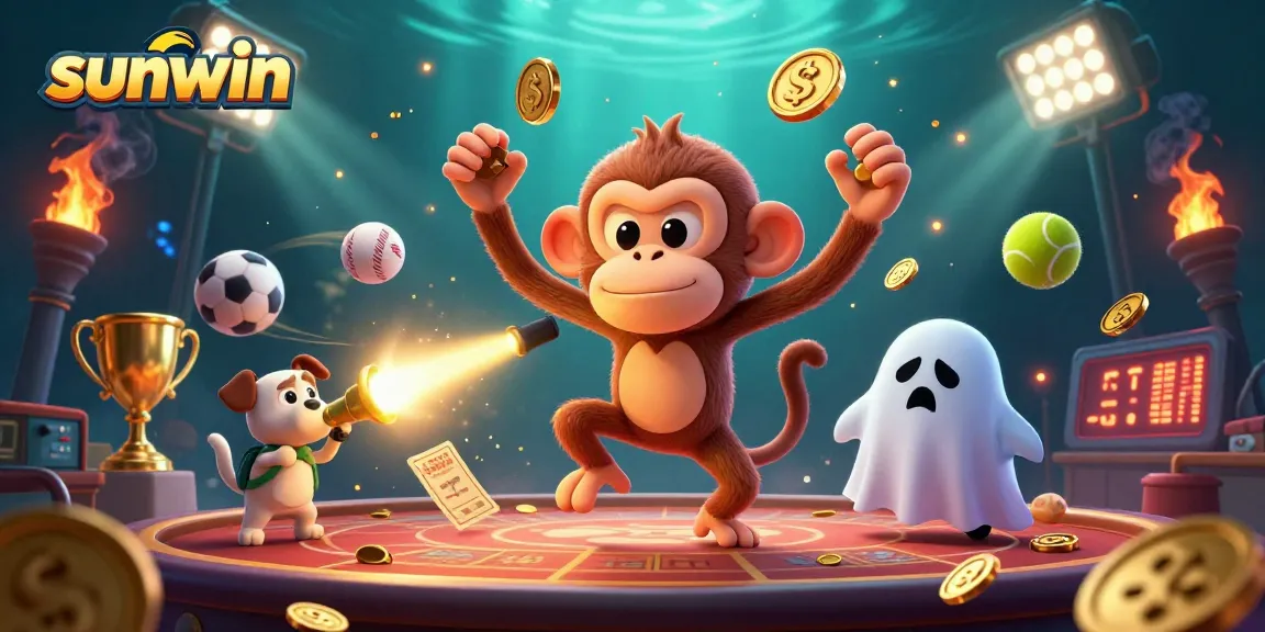 Experience thrilling gameplay at sunwin with a lively illustration of a playful ghost and sports elements.