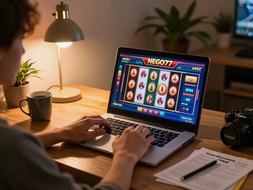 Engaging player enjoys thrilling NEGO77 online slots experience at home.