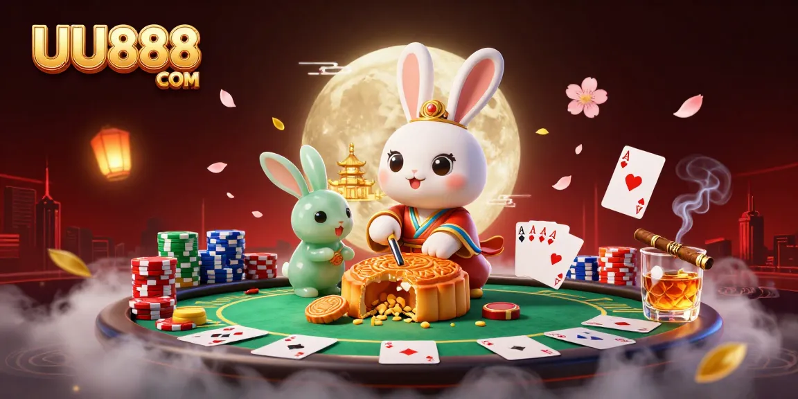 Engage with UU888 COM: a vibrant scene featuring a moon rabbit revealing poker chips in a mystical casino.