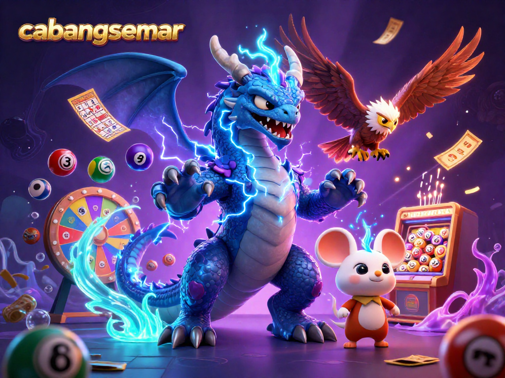 Mengalami pengalaman bermain di cabangsemar dengan bola lotere berwarna-warni dan karakter kartun energik di latar belakang.