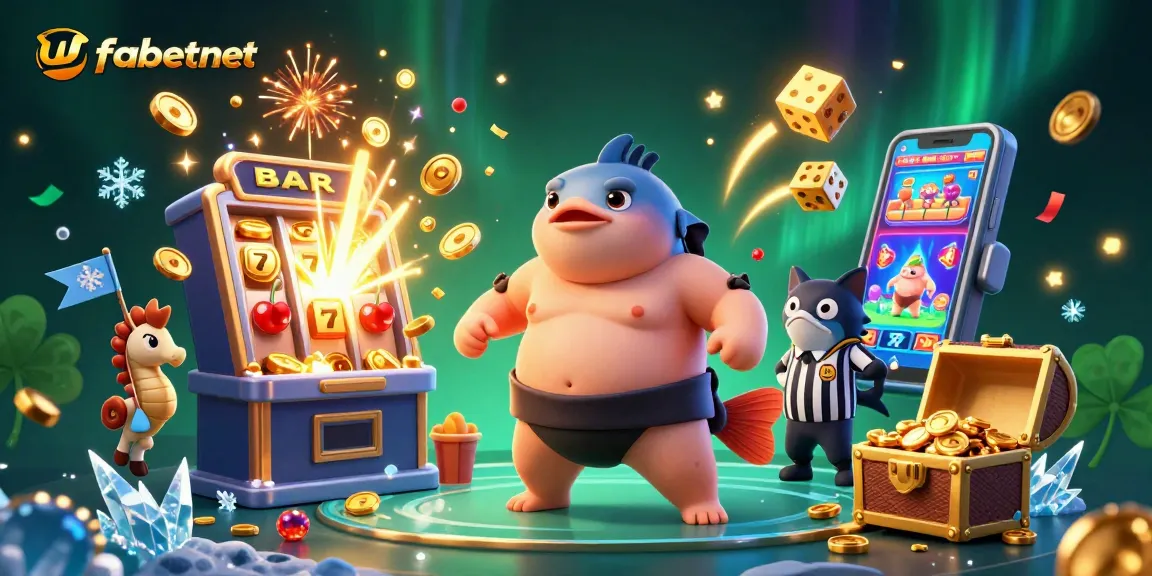 Engage with ufabetnet's vibrant underwater casino scene featuring a sumo-fugu, catfish referee, and slot machine jackpot.
