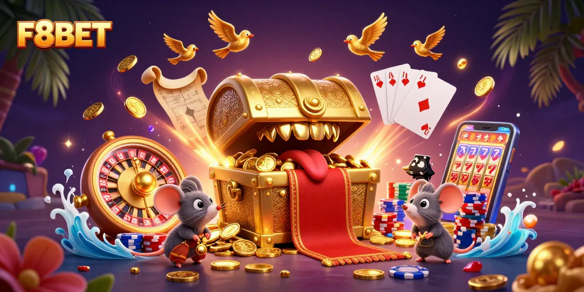 Bet on F8BET with an immersive 3D treasure chest lure, showcasing vibrant casino elements and excitement.