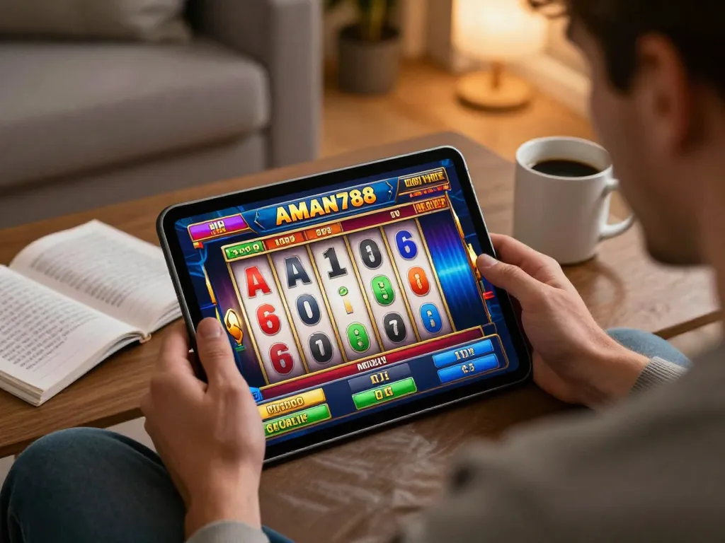 Pemain bermain slot AMAN788 di tablet dalam suasana yang nyaman, menampilkan permainan yang penuh warna.