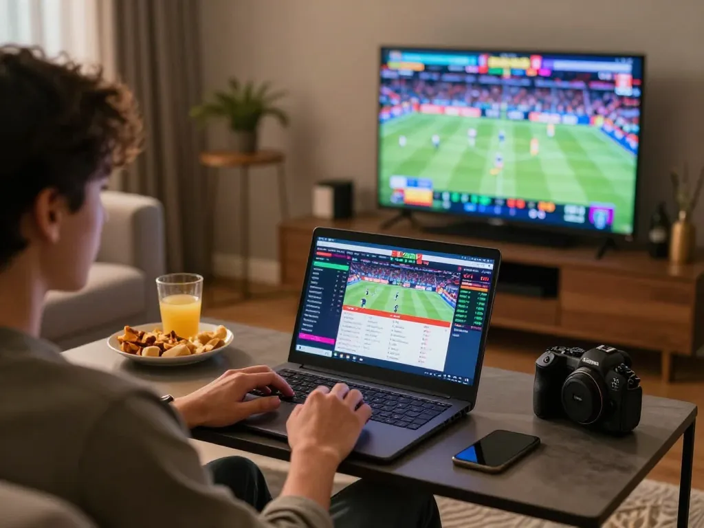 Person analyzing betting odds on MMOO sportsbook while enjoying snacks in a cozy living room.