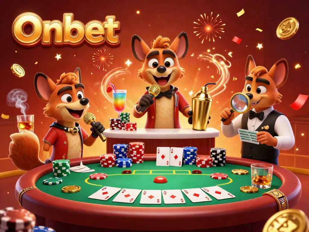 Join the fun at Onbet casino featuring lively hyenas in a comedy club atmosphere with poker action.