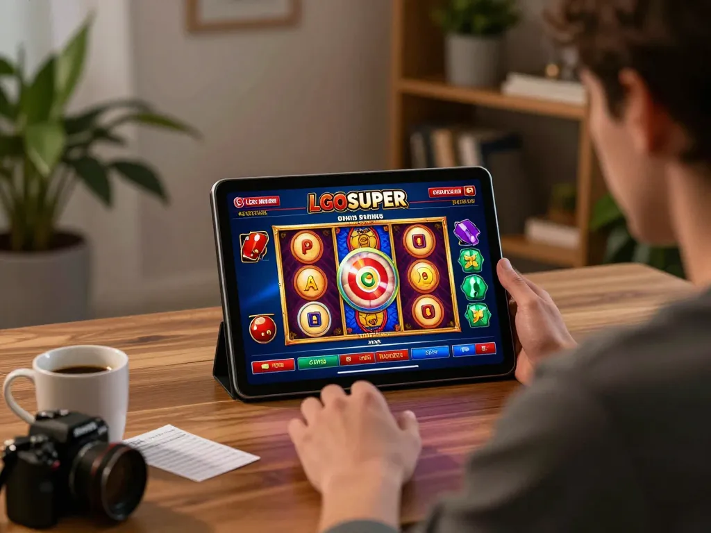 Engaging in LGOSUPER gameplay on a tablet at home, highlighting a responsible gaming environment.