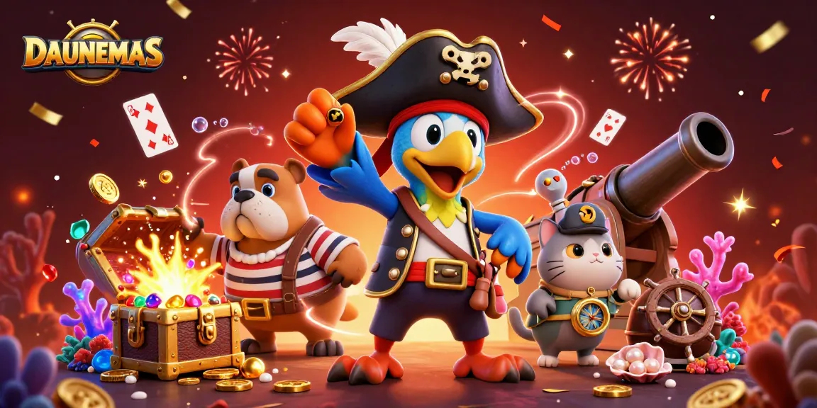 Experience the excitement of DAUNEMAS as a pirate captain leads a treasure hunt with vibrant gems and dynamic games.