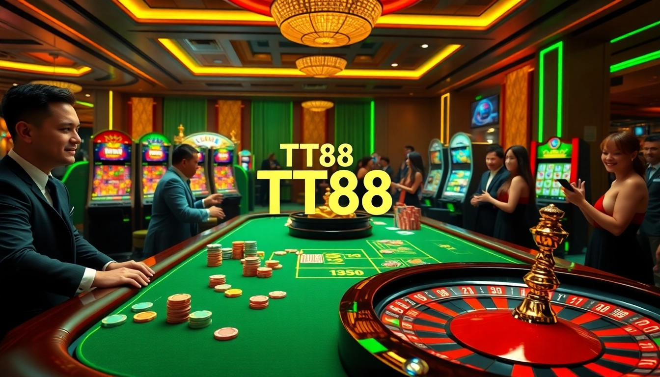 Experience excitement at TT88 casino with professional dealers and vibrant slot machines.