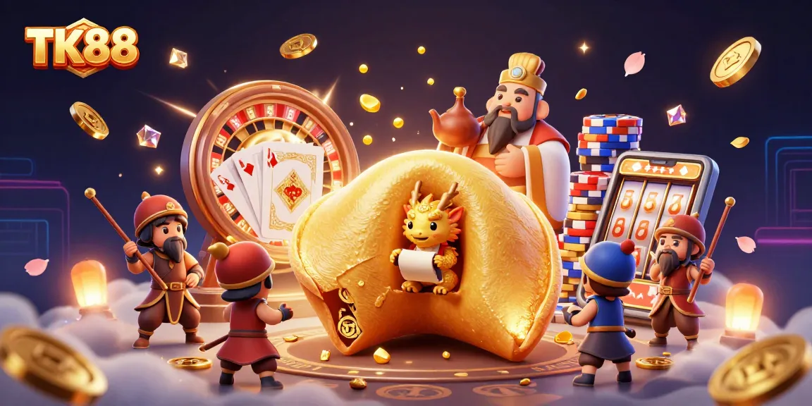 Experience the thrill of TK88 with a vibrant 3D casino scene featuring gold fortune cookies, dragon, and dynamic game elements.