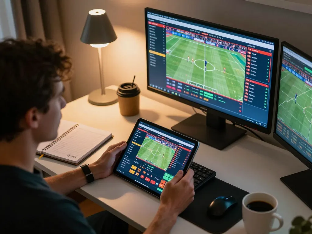 Soi Kèo betting strategy displayed on multiple screens at a modern home desk, engaging sports betting atmosphere.
