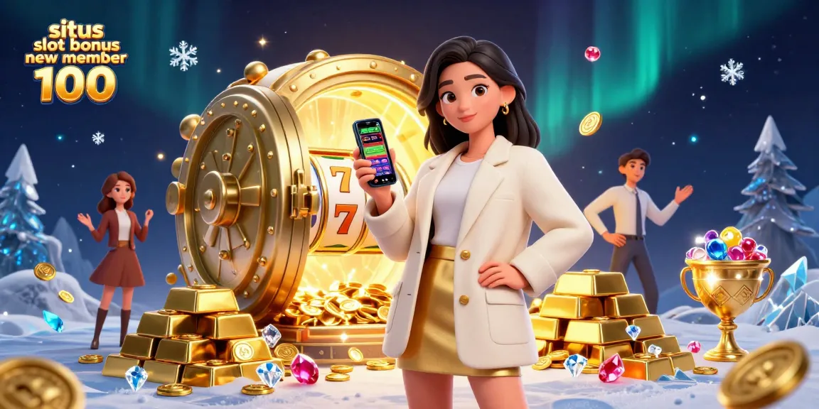 Engage with situs slot bonus new member 100 through a vibrant digital illustration featuring a friendly Asian woman holding a smartphone amidst casino elements.