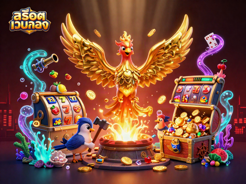 Engage with สล็อตเว็บตรง showcasing golden phoenix, slot symbols, and underwater treasures in vibrant illustration.
