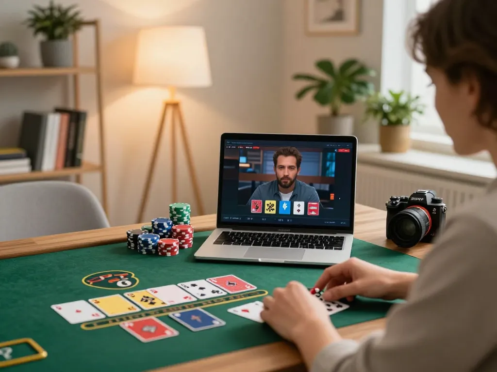 Lemacau casino player enjoying baccarat on laptop in a stylish home office setup, highlighting strategic gaming.