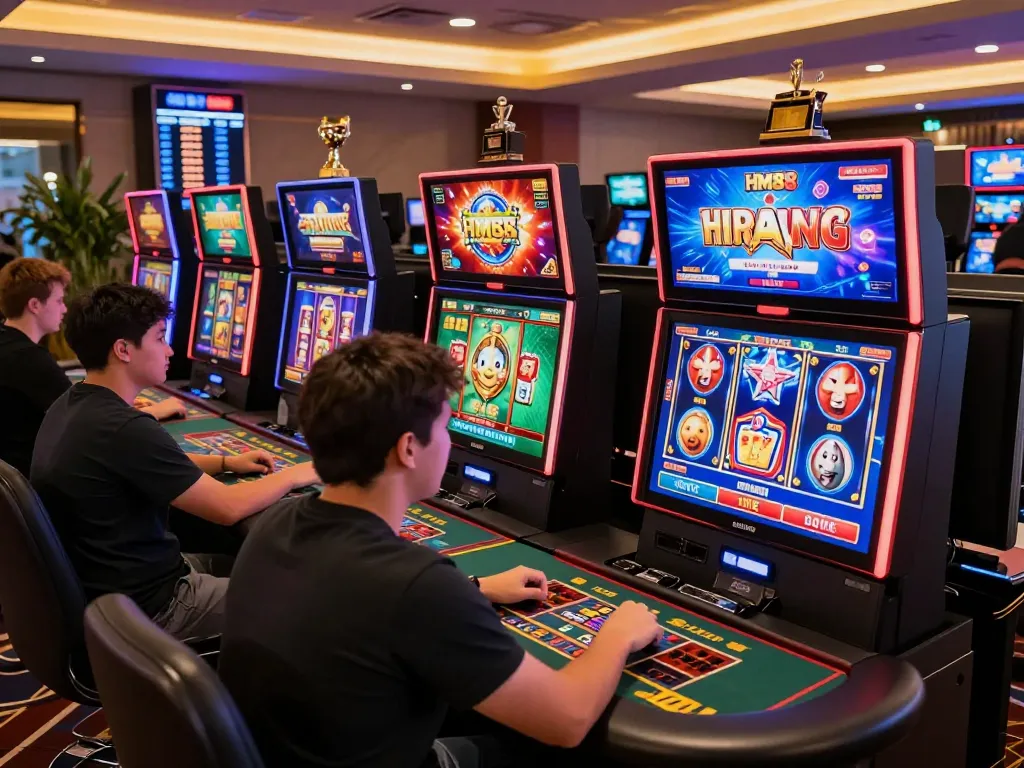 Exciting gaming atmosphere at HM88 top with players engaged in sports betting and casino games.