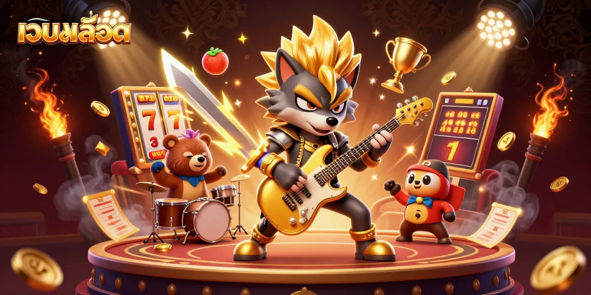 Experience เว็บสล็อต vibes through an electrifying 3D rock star wolf and drummer bear in a casino scene