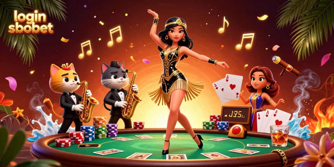 Experience the thrilling world of login sbobet with vibrant casino action, showcasing poker and lively characters.