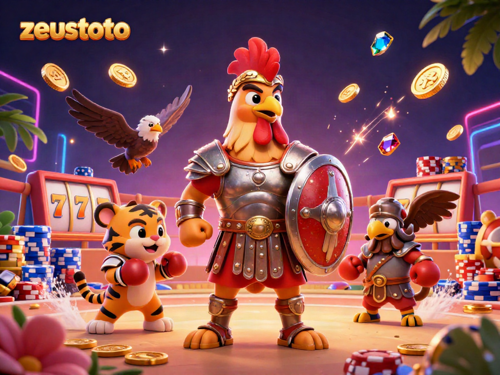 Join zeustoto's thrilling gambling adventure with a gladiator rooster and a sparring tiger cub!