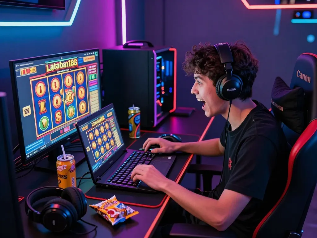 Pemain menikmati permainan slot laoban188 di laptop, menunjukkan lingkungan permainan yang dinamis dan kegembiraan.