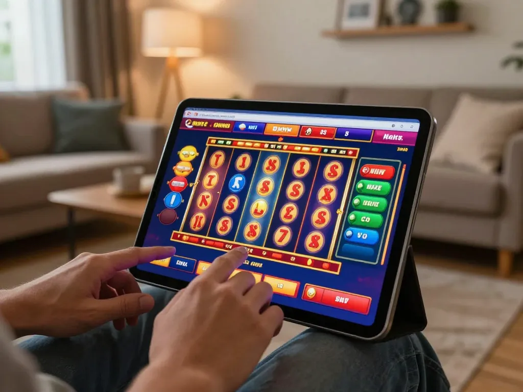 Engaging online slot game on tablet at home, showing thrilling gameplay for vipwin enthusiasts.