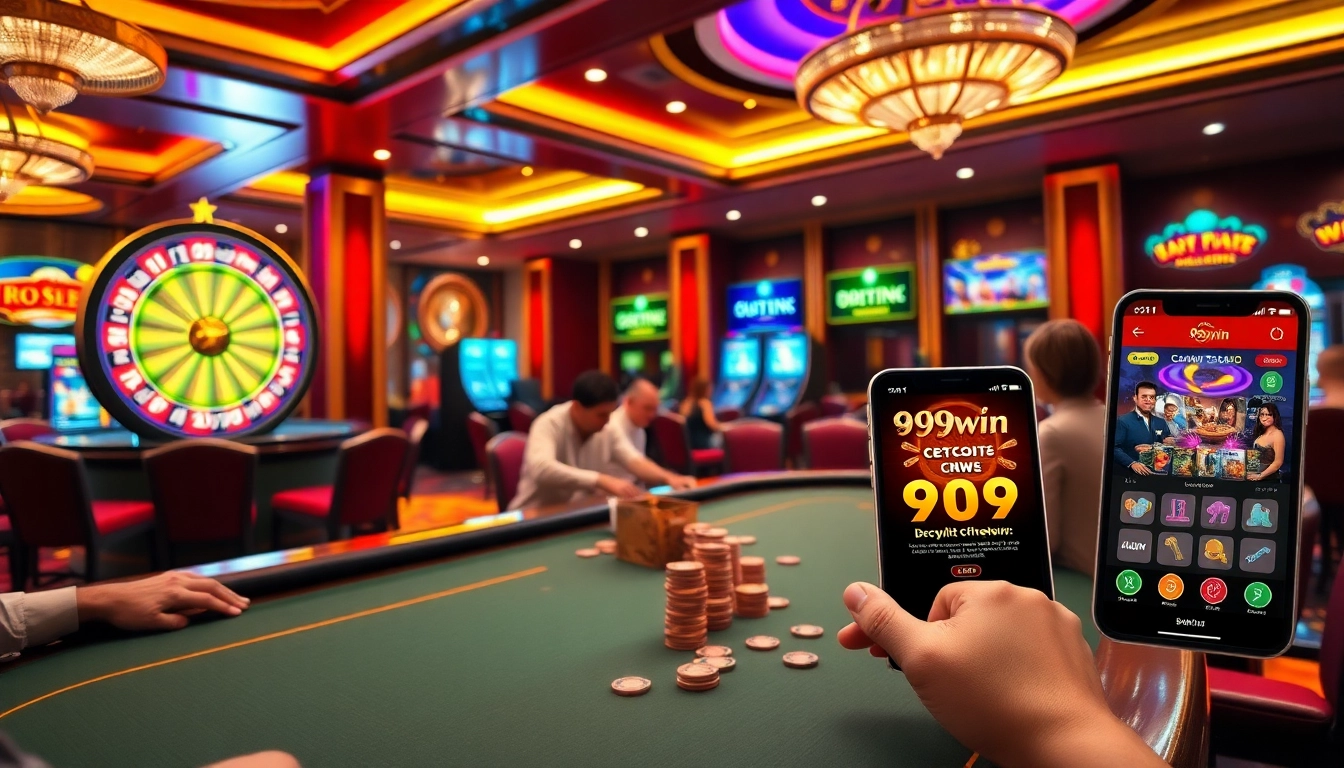 An exciting gaming scene at 99win com featuring a poker table, roulette wheel, and slot machines, reflecting the thrill of online gambling.