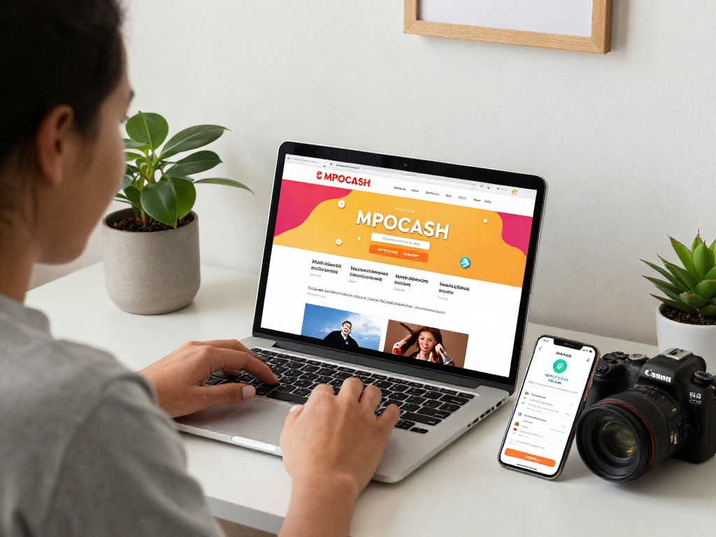 Engaging shopping experience with MPOCASH.blog, showcasing vibrant promotions and a modern home workspace.