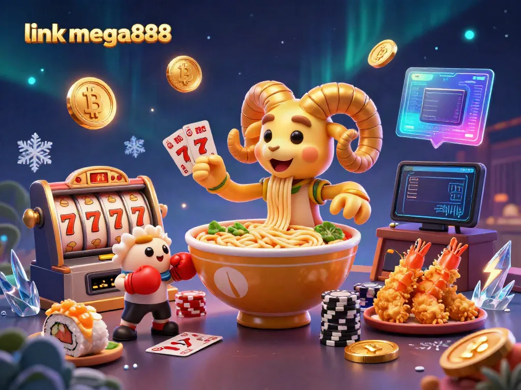 Win big with link mega888 in this vibrant casino scene showcasing cards, chips, and crypto elements.
