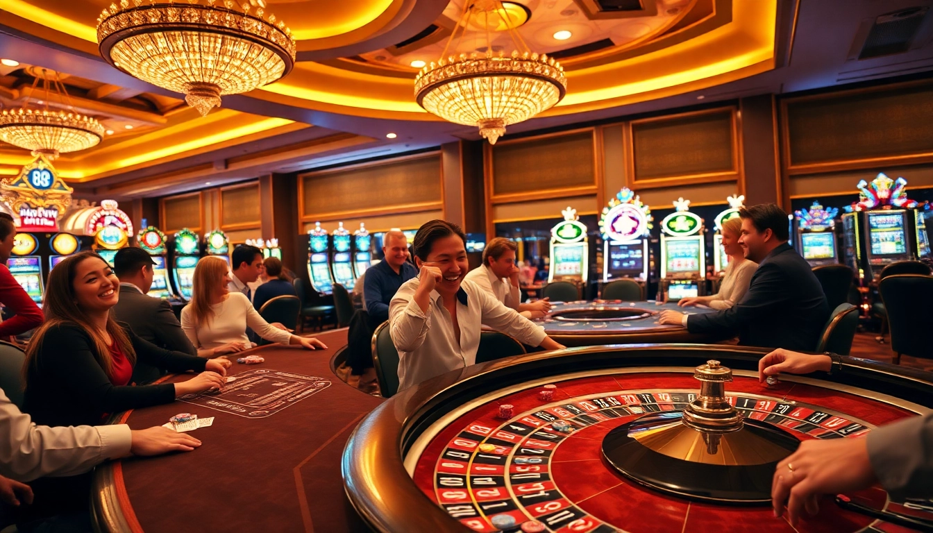 Players enjoying lively casino games at LV 88 with vibrant poker chips and slot machines.
