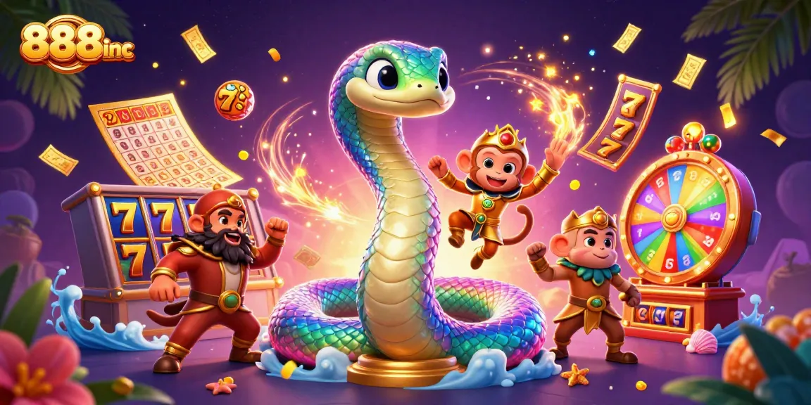 Engage with 888inc's vibrant slot games represented by a rainbow serpent and monkey king.