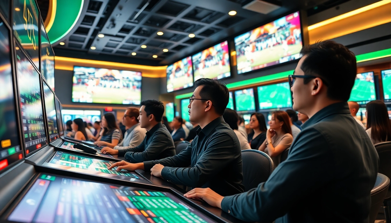 Engage with the dynamic atmosphere of a Singapore Sportsbetting Site showcasing live sports wagering excitement.
