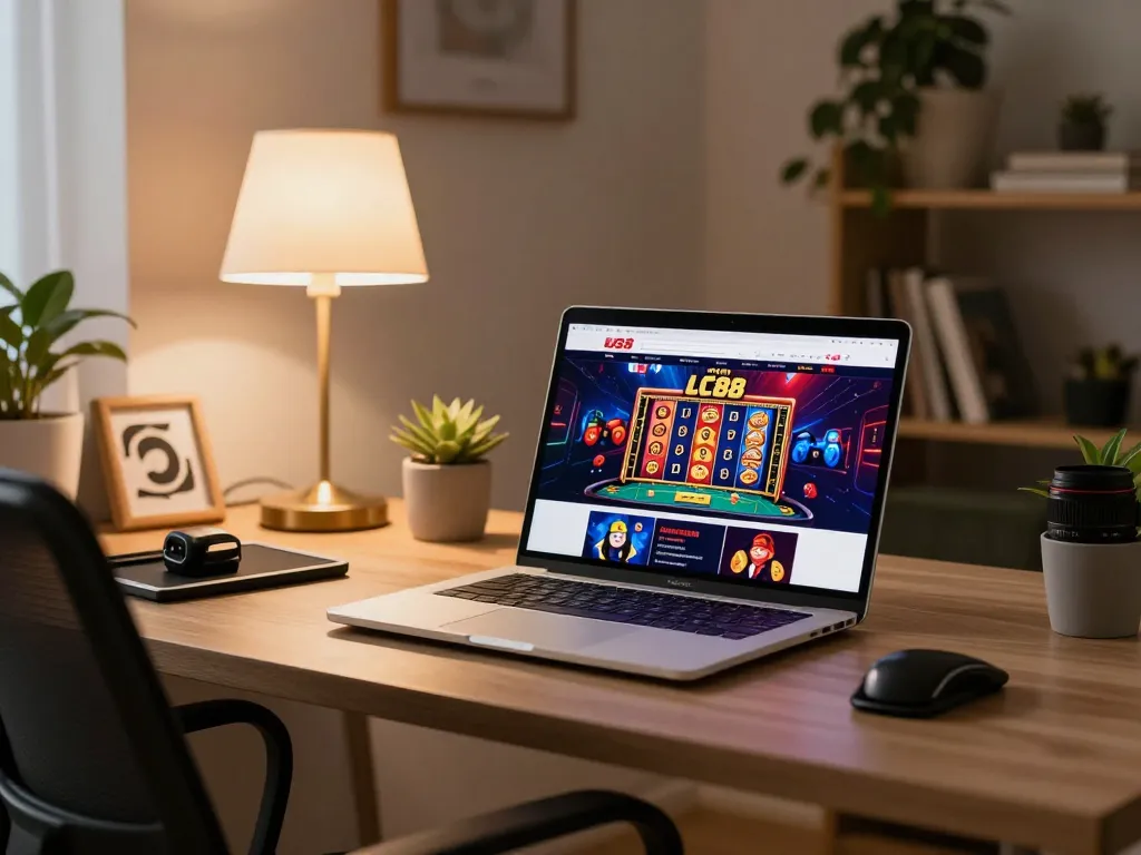 Engaging online gaming scene showcasing lc88 trang chu on a laptop, reflecting responsible gambling and strategic play.