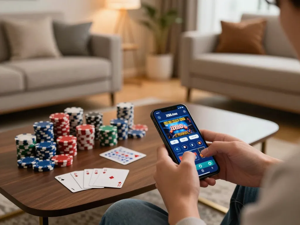 Engaging in online gambling on X88.COM through a smartphone in a cozy home environment.