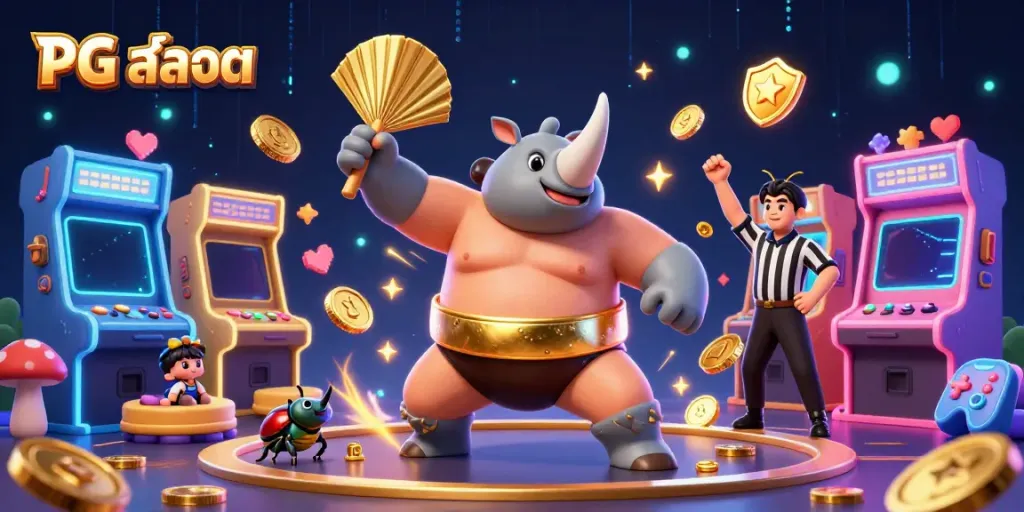 Experience exciting PG สล็อต action with a vibrant scene of a sumo beetle and referee amidst flying coins and gaming elements.