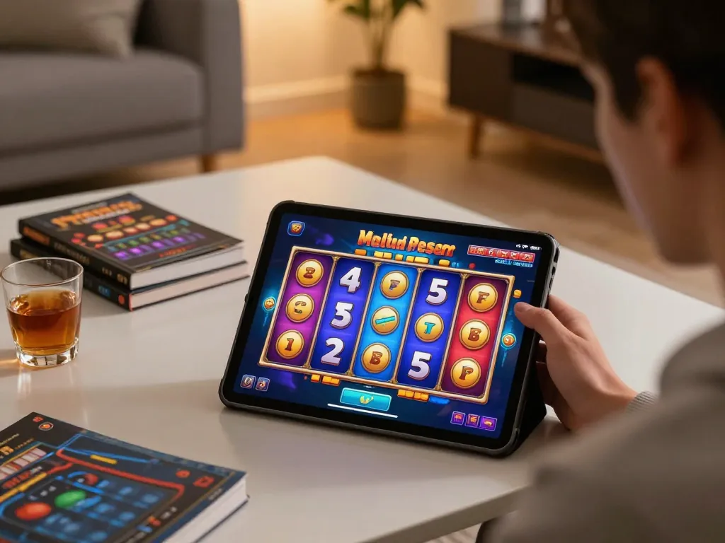 Engaged player enjoying slot pulsa gaming on a tablet in a cozy home setting