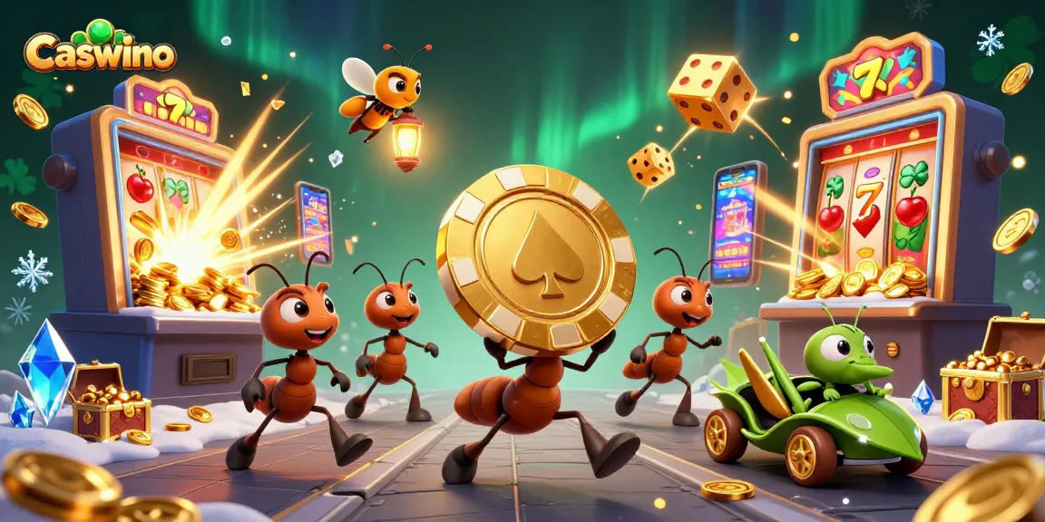 Caswino casino illustration featuring animated ants carrying a giant poker chip with casino elements around