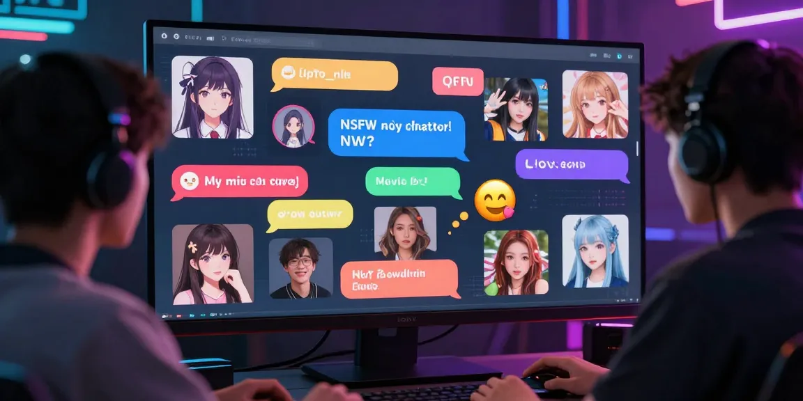 Engaging scene of AI hentai chat with colorful avatars and chat bubbles.